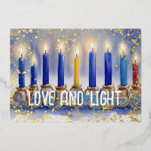 Chanoeka Menorah Waterverf Liefde en Licht Folie Feestdagenkaart (Voorkant)