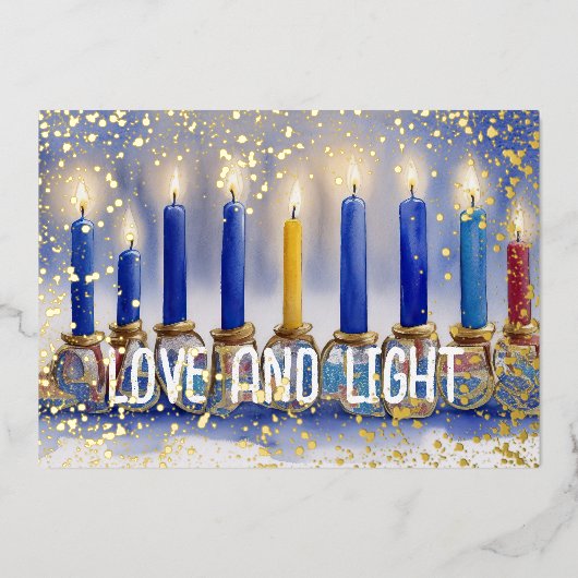Chanoeka Menorah Waterverf Liefde en Licht Folie Feestdagenkaart (Voorkant)