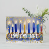 Chanoeka Menorah Waterverf Liefde en Licht Folie Feestdagenkaart (Staand Voorkant)