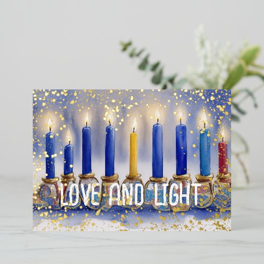 Chanoeka Menorah Waterverf Liefde en Licht Folie Feestdagenkaart (Staand Voorkant)