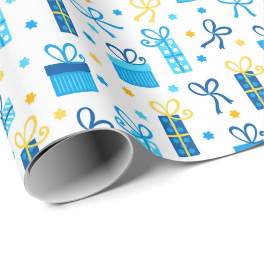 Chanoekaarten Cadeaus Gifts w. Bows Blue White Gol Cadeaupapier (Rol Hoek)