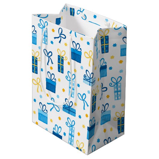 Chanoekaas Cadeaus Gifts w/Bows White Medium Cadeauzakje (Achterkant Gekanteld)