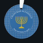 CHANUKAH BÉNÉFICIE | Menorah | HANOUKKA<br><div class="desc">Stylish Tekhelet Blue CHANUKAH BÉNÉFICIE de l'ornement acrylique avec l'étoile faux argent de David dans un motif carrelé dans l'arrière - plan, et une menorah faux or au centre. Le texte lit CHANUKAH BÉNÉFICIE DE NOTRE MAISON À VOTRE ET est PERSONNALISABLE, de sorte que vous pouvez modifier le message comme...</div>