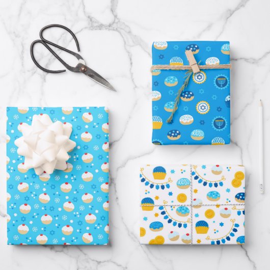 Chanukah Gemengde set Jelly Doughnut Pattern Inpakpapier Vel (Voorkant)