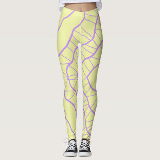Chaos Abstract Geel met Paarse Golvende Lijnen Leggings