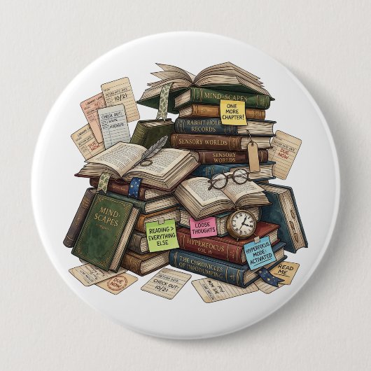 Chaotic Academia ADHD Hyperfocus Book Stack Ronde Button 4,0 Cm (Voorkant)