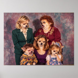 Chaotische Chihuahua-familieportret, jaren 90-stij Poster