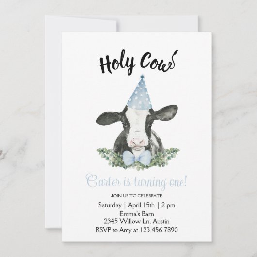 Chapeau de fête bleu vache avec invitation à motif (Devant)