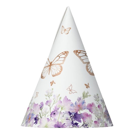 Chapeaux De Fètes Anniversaire fleuri violet papillon d'or (Gauche)