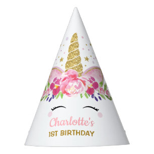 Chapeaux De Fètes Anniversaire floral d'arc-en-ciel de licorne d'or