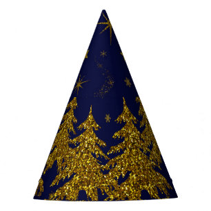 Chapeaux De Fètes Arbre de Noël en or brillant, étoiles, neige sur
