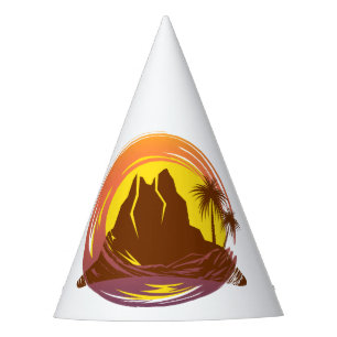 Chapeaux De Fètes Badge avec paysage volcanique tropical et palmiers