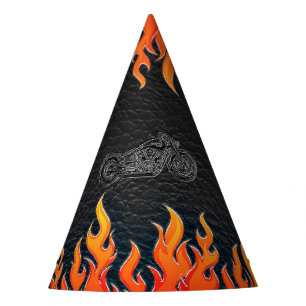 Chapeaux De Fètes Black Leather Orange Flames Motorcycle Bière Party