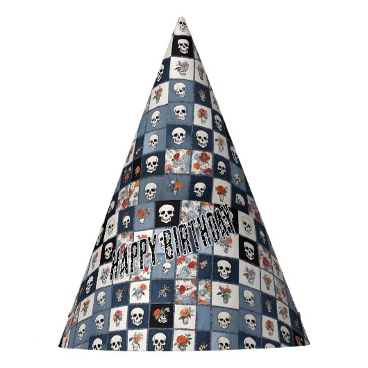 Chapeaux De Fètes Blue Jean Denim Patchwork Skuls Et Florals (Devant)