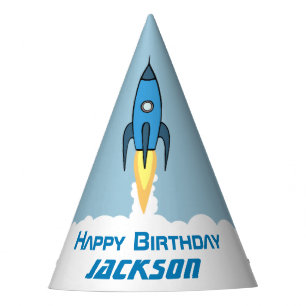 Chapeaux De Fètes Blue Retro Rocket Ship Personnalisé Anniversaire 