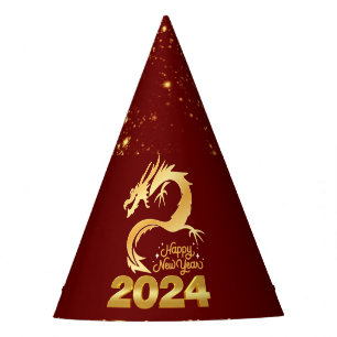Chapeaux De Fètes Bonne année 2024 Golden Chinese Dragon Red