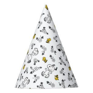 Chapeaux De Fètes cacahuètes   Snoopy & Woodstock B&W Flower Motif