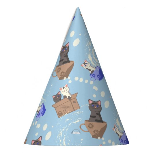 Chapeaux De Fètes Chats en boîte et gouttes de lait sur bleu (Gauche)