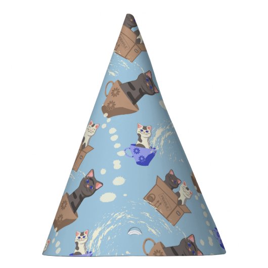 Chapeaux De Fètes Chats en boîte et gouttes de lait sur bleu (Droite)
