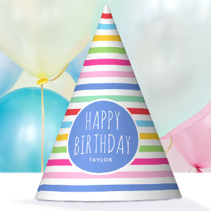 Chapeaux De Fètes Cute arc-en-ciel rayé Joyeux Anniversaire bleu