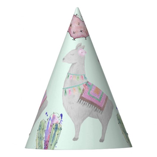 Chapeaux De Fètes Cute Mint Rose Llama et Motif d'aquarelle Cactus (Devant)