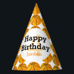 Chapeaux De Fètes Enfants Basket-ball personnalisé Sports d'annivers<br><div class="desc">Enfants Basket-ball Personnalisé Joyeux Casquettes de papier à thème d'anniversaire Sports d'anniversaire. Personnalisé avec le nom en orange et l'âge en orange clair. Le Arrière - plan est blanc avec un motif de basketball orange vintage de style aquarelle. Les activités de loisir répertoriées ci-dessous sont accessibles directement sur place ou...</div>