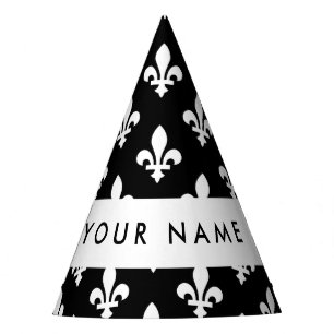 Chapeaux De Fètes Fleur de Lis, Blanc sur Noir, Blanc, Votre Nom