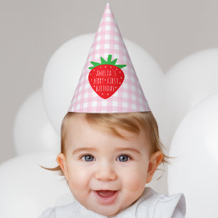 Chapeaux De Fètes Fraise sur Pink Plaid Girl Berry Premier anniversa