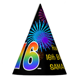 Chapeaux De Fètes Fun Fireworks + Rainbow Motif "16" Anniversaire #
