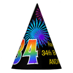 Chapeaux De Fètes Fun Fireworks + Rainbow Motif "34" Anniversaire #