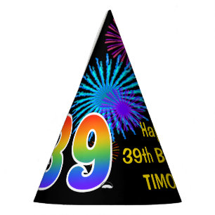 Chapeaux De Fètes Fun Fireworks + Rainbow Motif "39" Anniversaire #