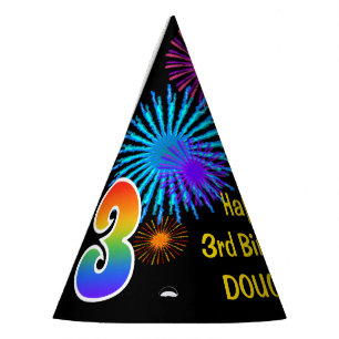 Chapeaux De Fètes Fun Fireworks + Rainbow Motif "3" Anniversaire #