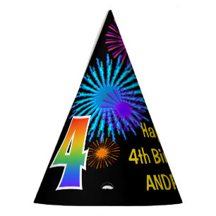 Chapeaux De Fètes Fun Fireworks + Rainbow Motif "4" Anniversaire #