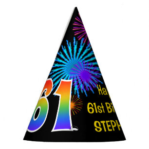 Chapeaux De Fètes Fun Fireworks + Rainbow Motif "61" Anniversaire #
