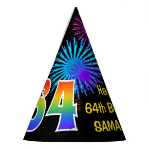 Chapeaux De Fètes Fun Fireworks + Rainbow Motif "64" Anniversaire #