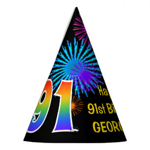 Chapeaux De Fètes Fun Fireworks + Rainbow Motif "91" Anniversaire #