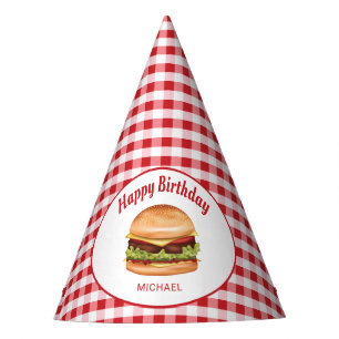 Chapeaux De Fètes Hamburger Sur Red En vichy Motif Joyeux Anniversai