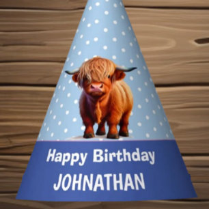 Chapeaux De Fètes Highland Cow heureux anniversaire Blue Party Casqu