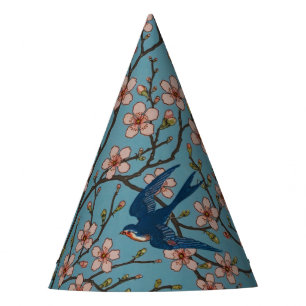Chapeaux De Fètes Motif de l'hirondelle florale rétro bleu par Walte