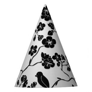 Chapeaux De Fètes Motif noir sur oiseaux et fleurs de cerisier argen