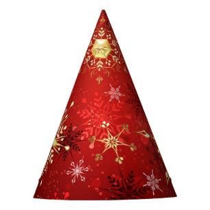 Chapeaux De Fètes Noël Golden Snowflakes sur Arrière - plan rouge