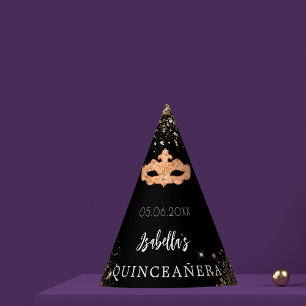 Chapeaux De Fètes Quinceanera mascarade en or noir nom masque