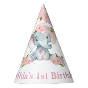 Chapeaux De Fètes Rose Pâle Floral Éléphant Bébé Mignon 1er Annivers