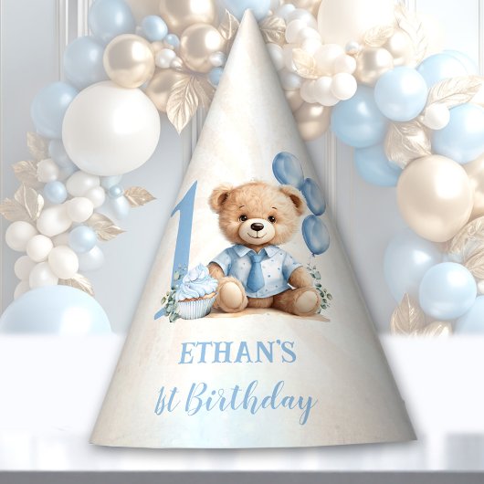 Chapeaux De Fètes Teddy Bear 1er Anniversaire Blue Ballons Papier