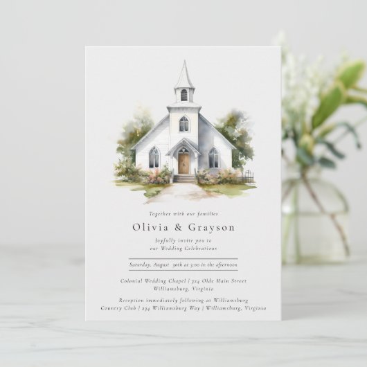 Chapelle aquarelle Faire-part de mariage chrétienn (Debout devant)