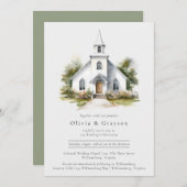 Chapelle aquarelle Faire-part de mariage chrétienn (Devant / Derrière)