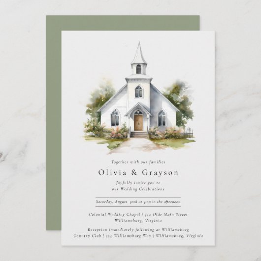 Chapelle aquarelle Faire-part de mariage chrétienn (Devant / Derrière)