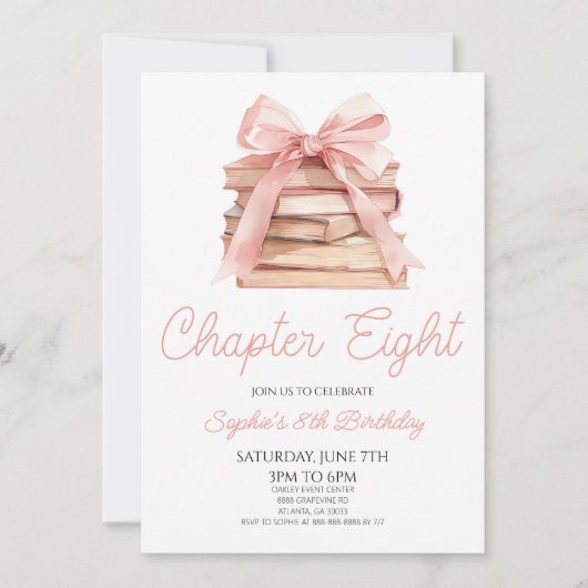 Chapter Eight Pink Bow Books 8th Birthday Party Kaart (Voorkant)