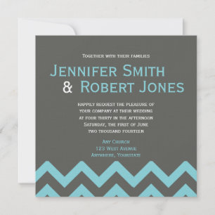 Charcoal and Aqua Chevron Posh Wedding Invitation Kaart