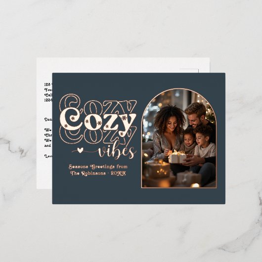 Charcoal and Rose Gold Cozy Vibes Retro Christmas Folie Feestdagen Briefkaart (Voorkant / Achterkant)
